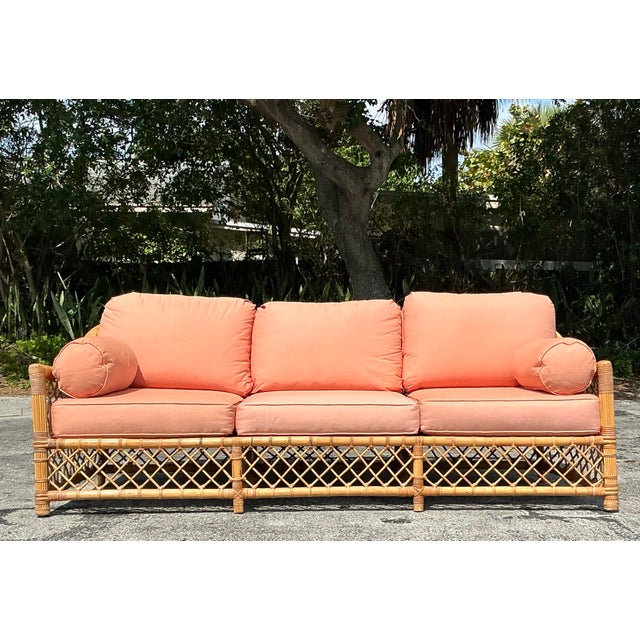 Peach Vintage Coastal McGuire Trellis Rattan Sofa For Sale - Image 8 of 12