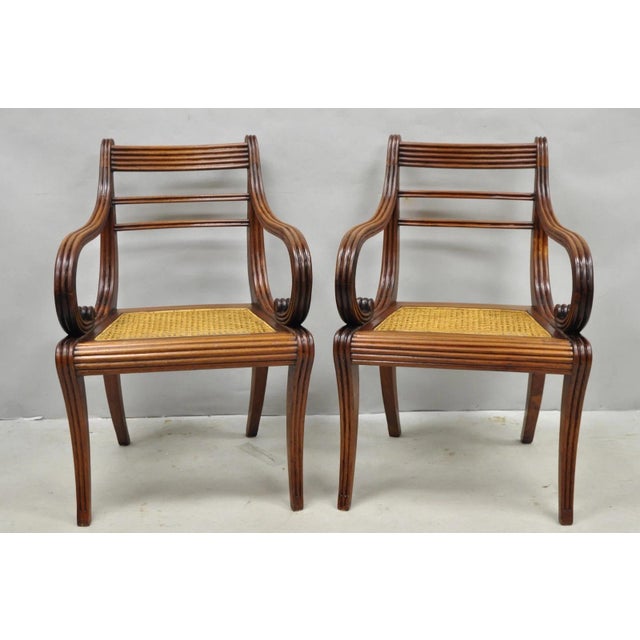 Late 20th Century Vintage English Regency Style Cane Seat Mahogany Saber Leg Arm Chairs - A Pair For Sale - Image 5 of 18