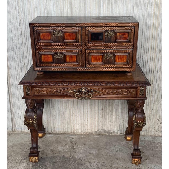 20th Italian Cabinet on Stand, Baroque Bargueno with Inlays & Mounts For Sale - Image 16 of 18