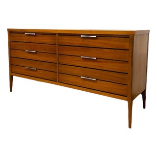 1960s Lane Mid Century Modern Walnut Dresser - 6 Drawer Credenza With Butterfly Inlay For Sale