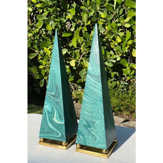 Vintage Faux Malachite Obelisk Sculptures With Brass Bases, Pair For Sale - Image 4 of 12