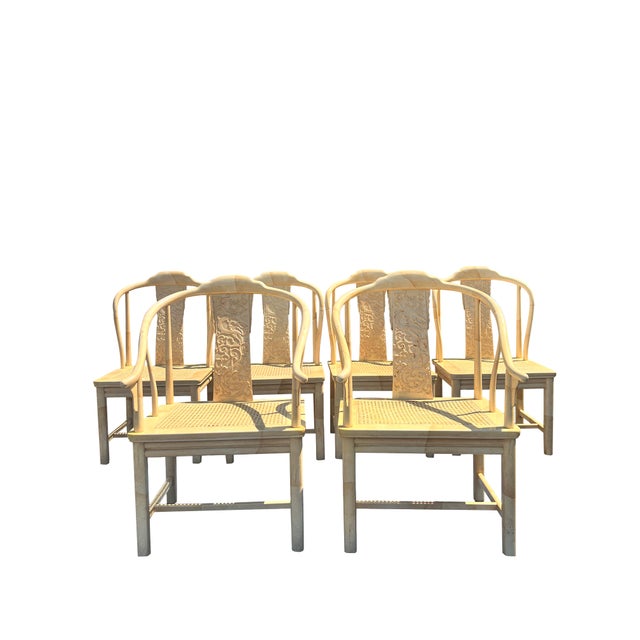 Vintage Henredon Asian Style Faux Goatskin Laquer Dining Chairs 6 2 captain 5 regular dining chairs in wood and Cain...
