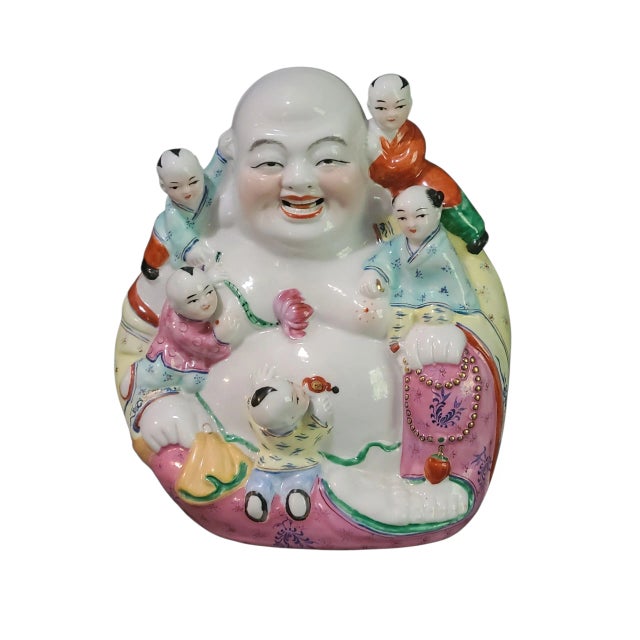 Vintage Hand Painted Colorful Famille Rose Fertility Happy Buddha Statue For Sale - Image 11 of 11