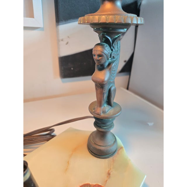 1910s Early Bronze Sphinx Bankers Lamp W Onyx Base & Pen Holder For Sale - Image 12 of 13