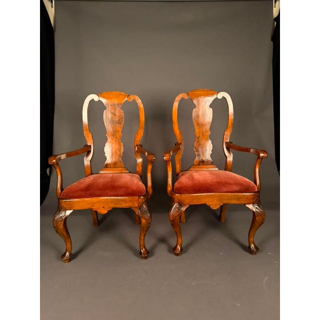 Late 19th Century Set of 8 English Queen Anne Style Dining Chairs, Burl Walnut & Beechwood, 2 Armchairs and 6 Side Chairs, Circa 1890 For Sale - Image 5 of 13