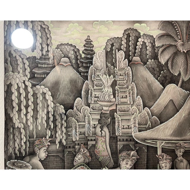Paint Vintage Original Balinese Ubud Indonesian Figural Landscape Watercolor Painting For Sale - Image 7 of 8