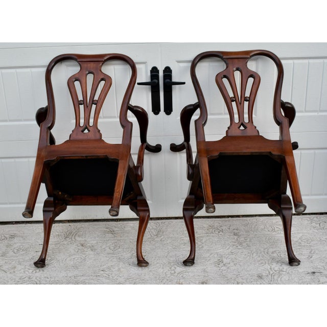 Antique Mahogany Chairs Queen Anne Style Burl Wood Armchairs Pair For Sale - Image 9 of 13