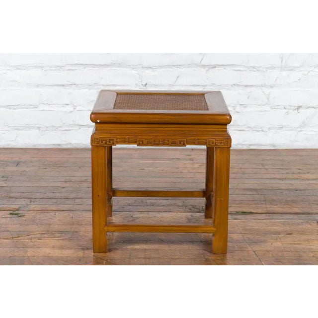 Chinese Chinese Early 20th Century Side Table with Carved Apron and Woven Rattan Top For Sale - Image 3 of 13