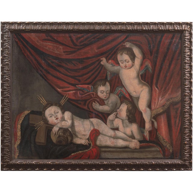 An early eighteenth-century, Italian baroque figural oil showing a group of cherubs or Amorini grouped together before red...