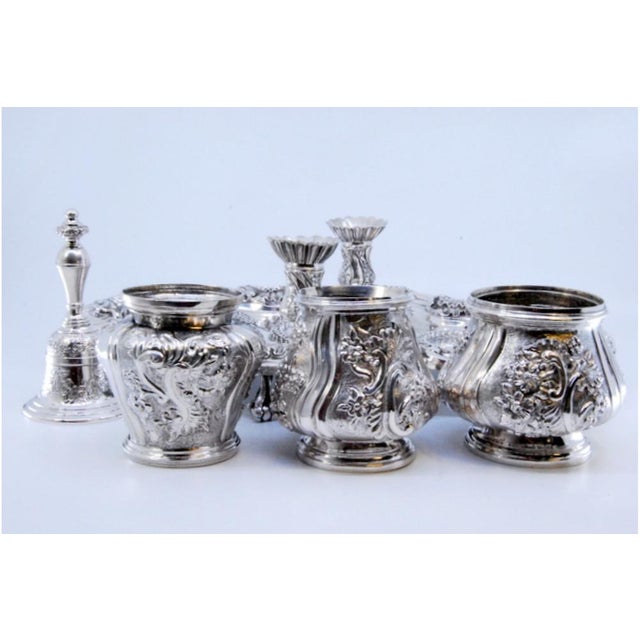 Inkwell in Relief Silver with Two Tanks and Bell, Set of 6 For Sale - Image 6 of 10