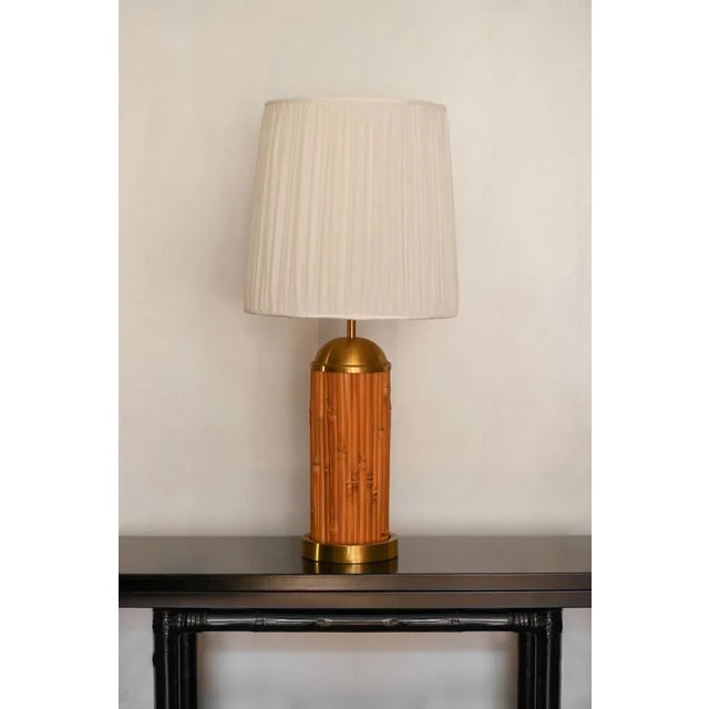 Table Lamp in the Rush and Brass with Fabric Lampshade, 1970s For Sale - Image 6 of 6