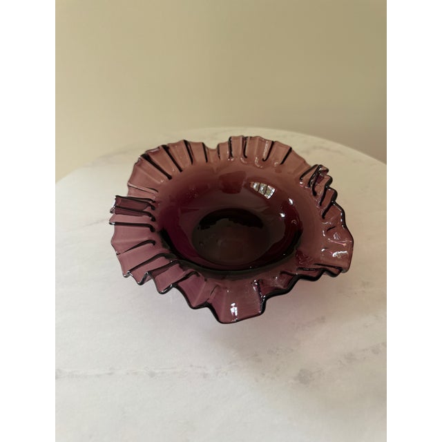 American Vintage Fenton Amethyst Plum Glass Ruffled Bowl | Deep Purple Crimped Edge | Art Glass Collectible | Mid-Century American Glass | Candy Dish For Sale - Image 3 of 6
