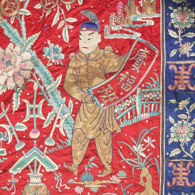 A Massive Chinese Red Ground Embroidered Silk Wall Panel, Late Qing Dynasty For Sale - Image 10 of 15