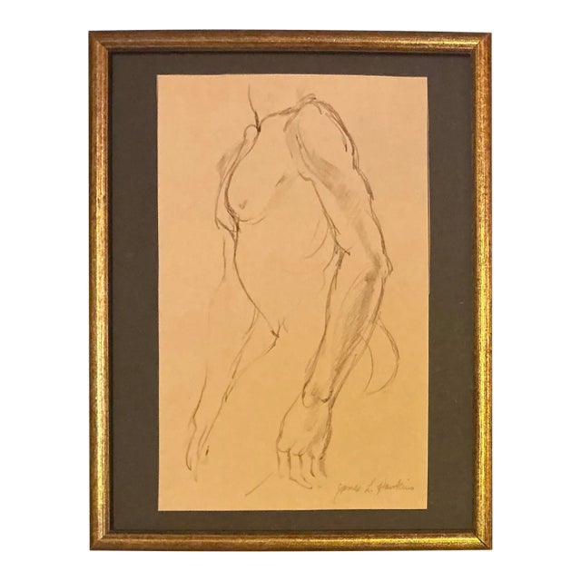 Vintage Watercolor Sketch, Male Nude Figure, Signed, Mid 20th Century, Framed For Sale