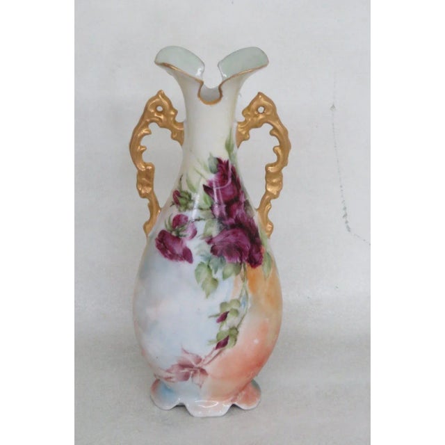 Porcelain Blue Orange Hand Painted Floral Footed Gold Double Handle Vase For Sale - Image 4 of 12