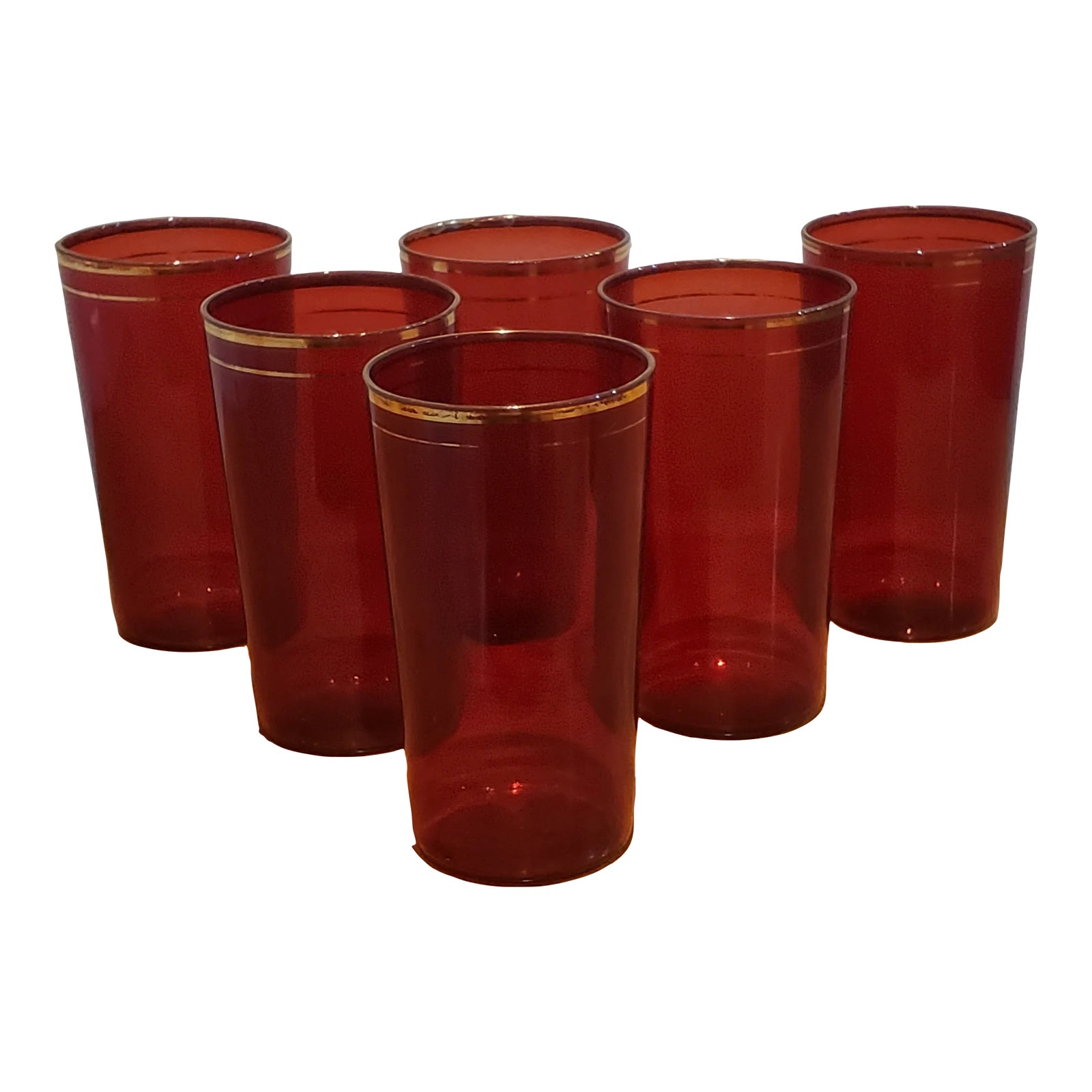 Vintage MidCentury Ruby Red Juice Glasses With Gold Trim Set of 6