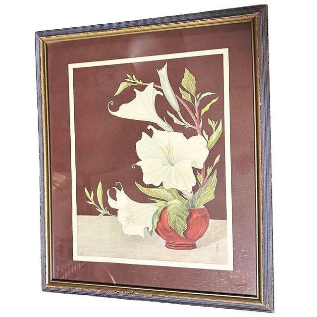 1950s Ikebana Arranged White Petunia Foral Scenic Lithograph by Lithoin, Framed For Sale - Image 9 of 11