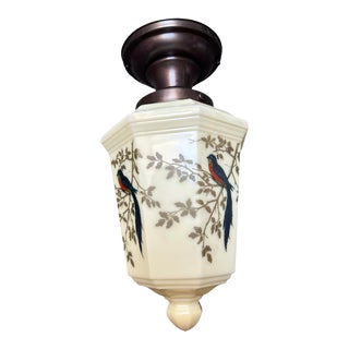 Painted Birds and Botanical Motif on Custard Glass Shade, Bronze Patina Flush Mount Circa 1920 For Sale