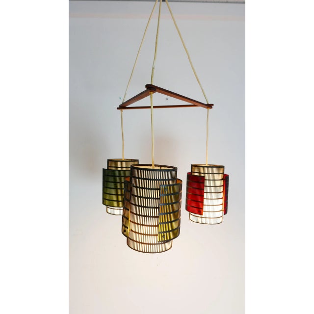 Teak and Metal Triangle Ceiling Lamp with Colored Cylinders, 1970s For Sale - Image 10 of 10