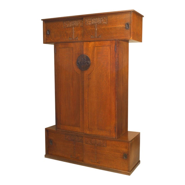 English Arts & Crafts Movement Carved Oak Armoire Chairish