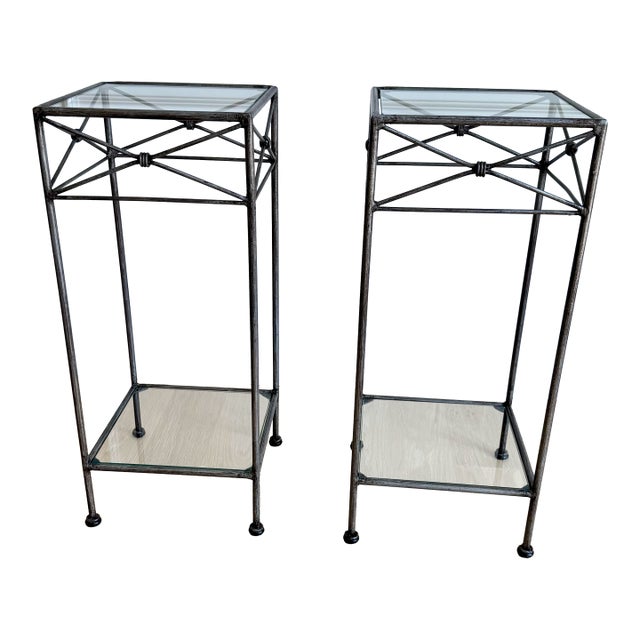Pair of Vintage Silvered Iron Neoclassical Pedestals / Side Tables / Plant Stands For Sale
