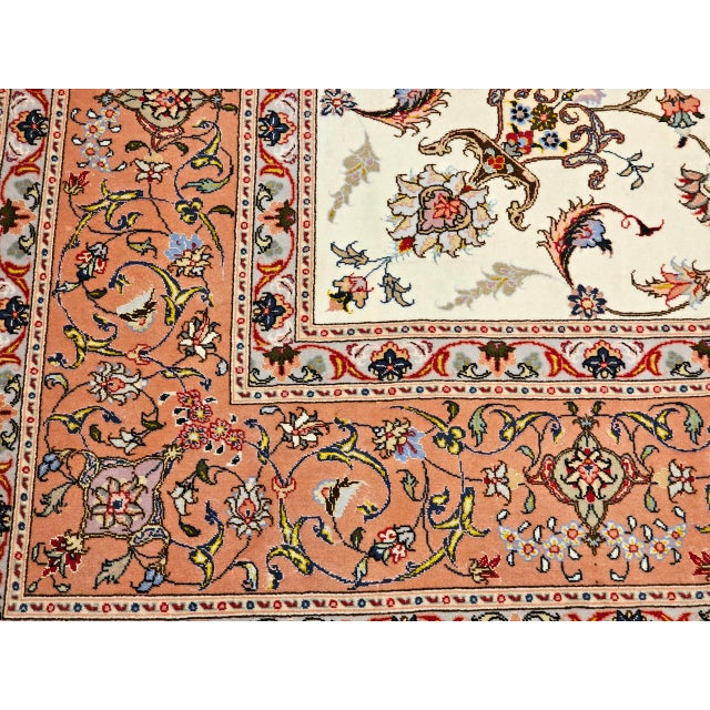 Persian Vintage Persian Tabriz Rug, Hand-Knotted Wool & Silk, Allover Floral Pattern, Ivory & Pale Red, 7x10 For Sale - Image 3 of 18