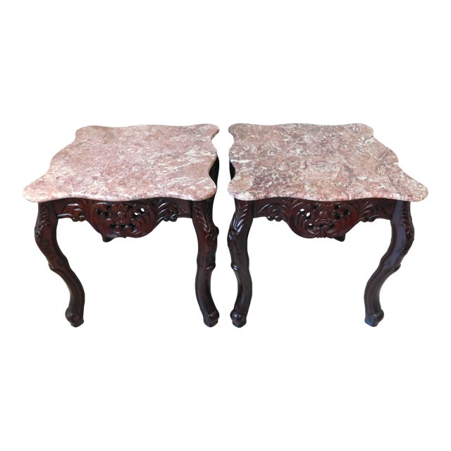 Pair Vintage Chinese Carved Rosewood Pink Marble Top Side/End Tables For Sale