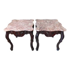 Pair Vintage Chinese Carved Rosewood Pink Marble Top Side/End Tables
