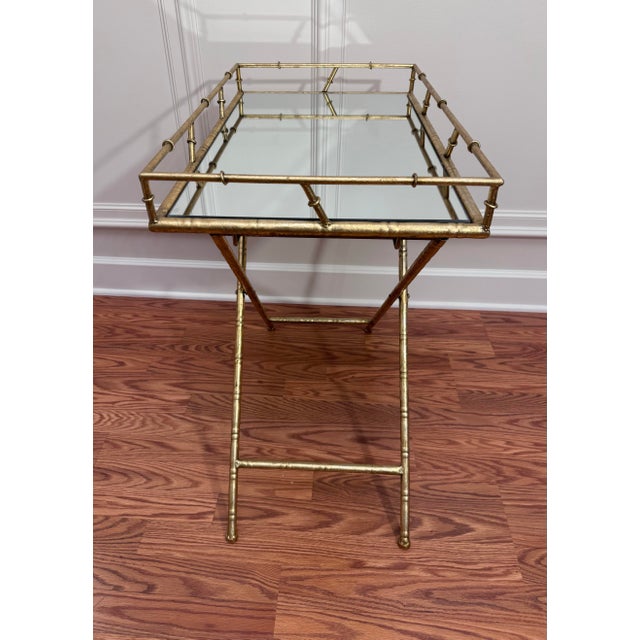 Vintage Hollywood Regency Faux Bamboo Gold Finish Mirror Collapsible Tray Table For Sale In Houston - Image 6 of 12