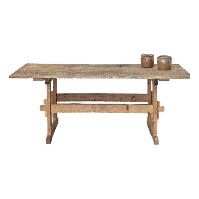 Antique European Pine Trestle Farmhouse Dining Table - Circa 1880 For Sale
