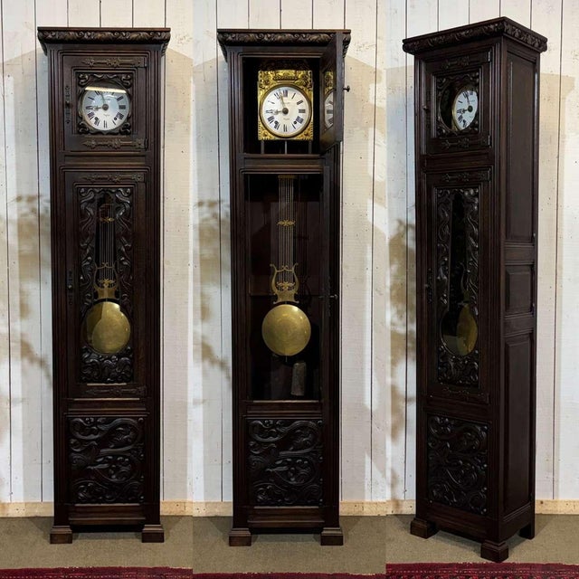 Oak clock by Joseph Savina (1901-1983) with Saint Gonery motifs, unsigned, circa 1950s - W=60cm H=2.31m D=30cm