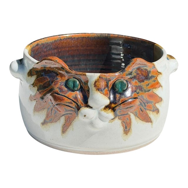 Vintage Signed Studio Pottery Cat Bowl For Sale