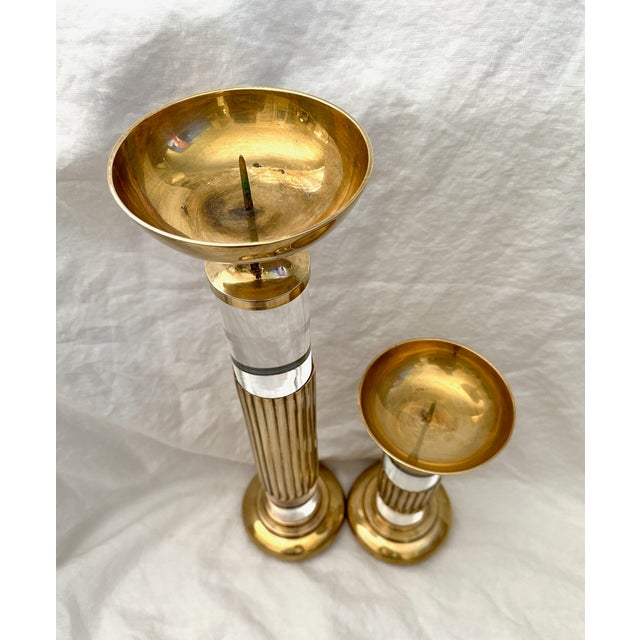 1980s MCM Pair of Brass/Lucite Candle Holders by Dolbi Cashier For Sale - Image 5 of 7