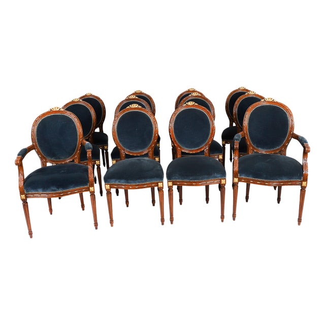 Vintage Louis XIV Revival Upholstered Back Dining Chairs, Set of 12 For Sale
