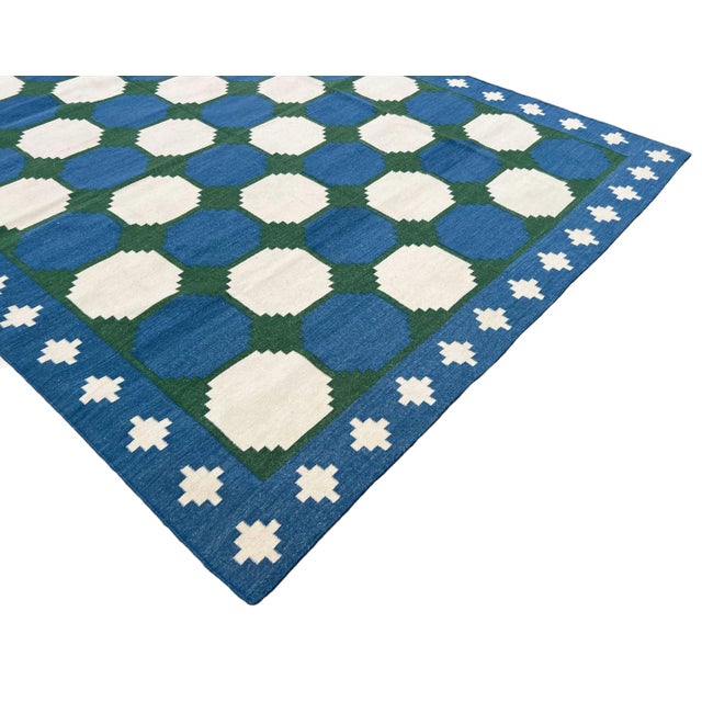Not Yet Made - Made To Order Handmade Woolen Flat Weave Tile Patterned Sky Blue and Forest Green Area Rug - 12'x15' For Sale - Image 5 of 10