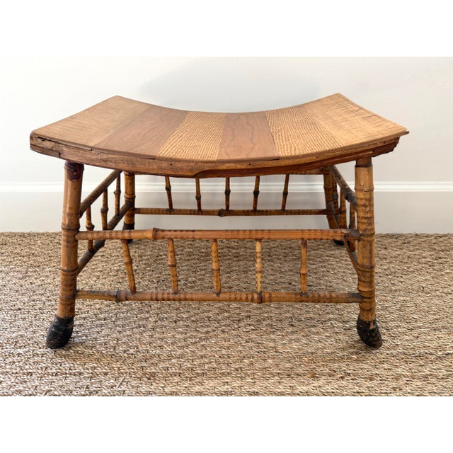 Antique bamboo root Thebes style stool. Nice weight and sturdy. Carved wood seat. Bamboo root legs and sides.