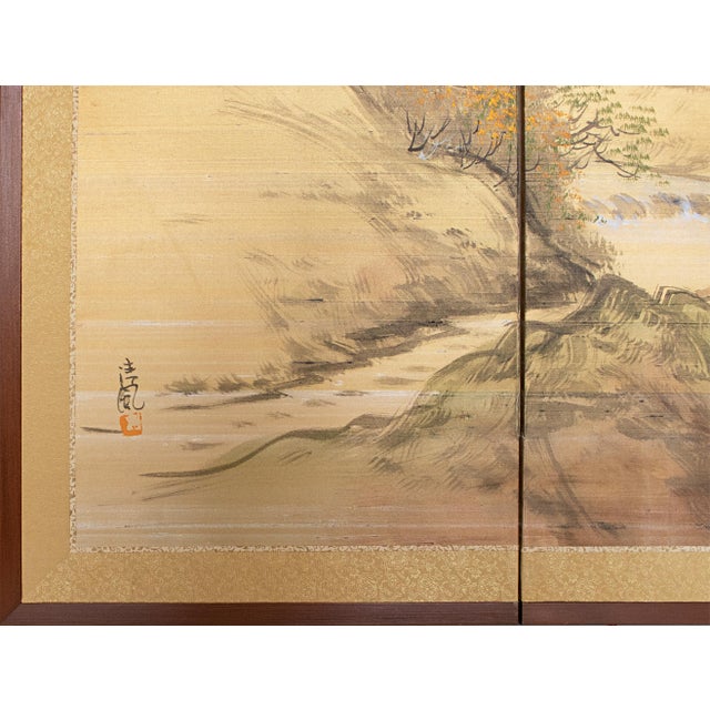 1960s Shōwa Era Japanese Byobu Screen, "Mountain Landscape With River and Bridge" For Sale - Image 16 of 18