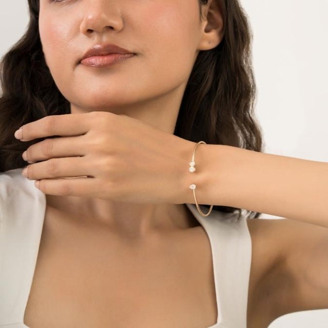 Modern Pear Cut Diamond Open Cuff Bangle Bracelet for Her in 14k Yellow Gold For Sale - Image 9 of 16