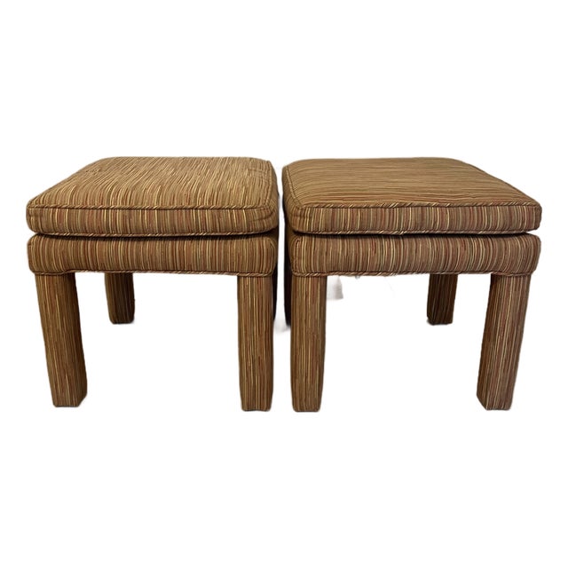 Pair of Mid Century Modern Parsons Style Upholstered Ottomans/ Stools For Sale
