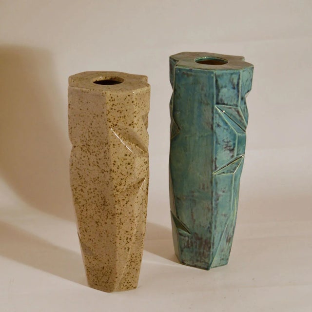 Pottery Vases in Blue and Beige Glaze, Set of 2 For Sale - Image 4 of 14