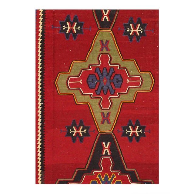 This rug is a flat woven kilim made in Shirvan area of caucasus region. Flat woven rugs are hand-loomed textiles with a...