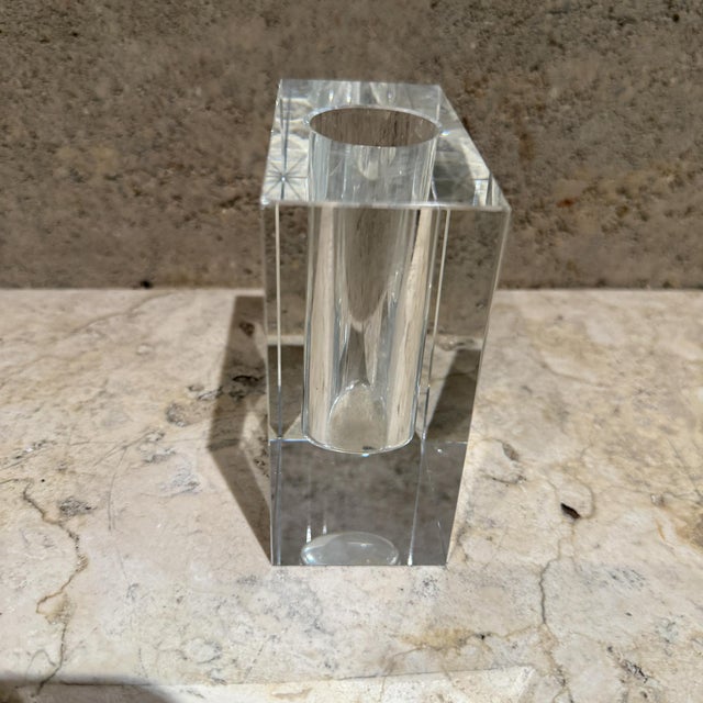 For your consideration, a crystal square flower vase by Tizo. Dimensions: 4.25" H x 3.75" W x 2" D. Opening 1.5" in...