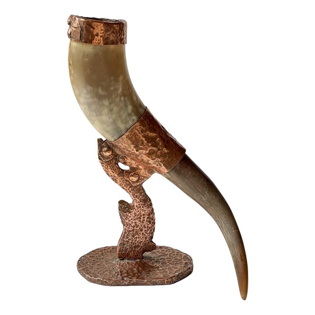 Vintage Viking Drinking Horn on Sculptural Copper Stand, 1920s For Sale