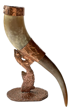 Vintage Viking Drinking Horn on Sculptural Copper Stand, 1920s