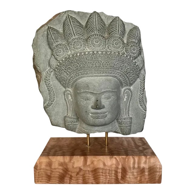 Antique Stone Khmer Style Buddha Head Fragment Cambodia . For Sale