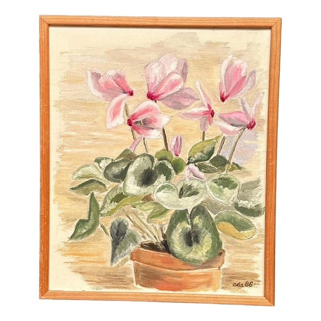 Ada, Still Life with Pink Flowers, 1986, Oil on Canvas, Framed For Sale