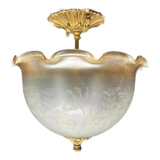 Antique Brass Acorn Floral Design Ceiling Pendant With Amber Clear Frosted Shade For Sale