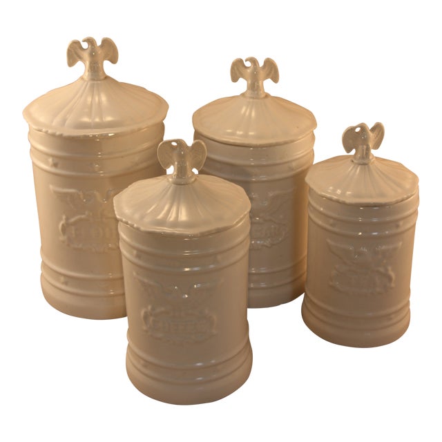 Vintage Ceramic Kitchen Canisters With Eagle Topped Lids Set of 4