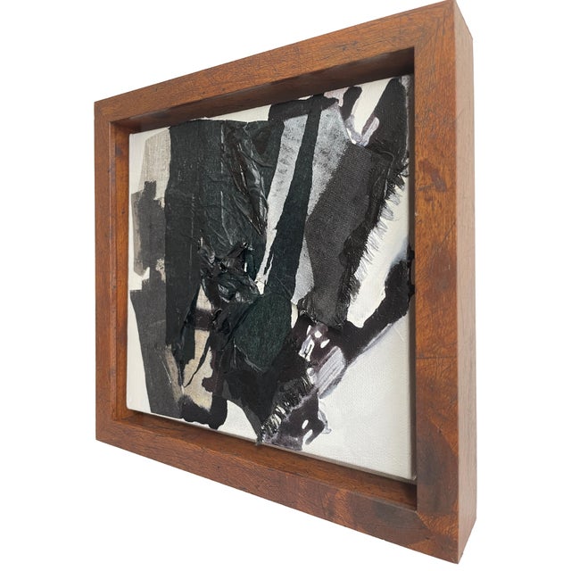 Miniature Black, White, and Gray Textured Collage Painting in Shadow Box Frame – Modern Bookshelf Art Decor For Sale - Image 4 of 8