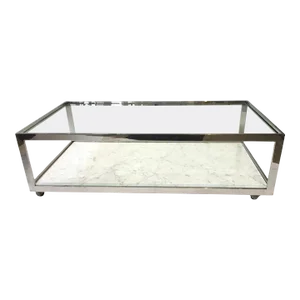 1970s Milo Baughman Chrome, Glass & Marble Coffee Table on Wheels